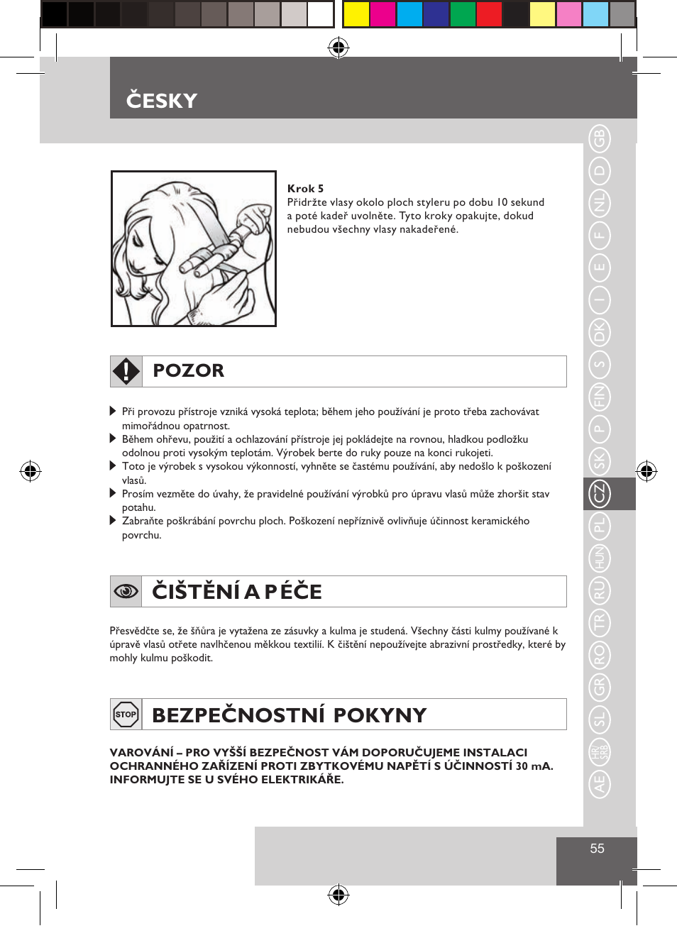 Čištění a p éče, Bezpečnostní pokyny, Česky | Pozor | Remington CI9522 User Manual | Page 57 / 108