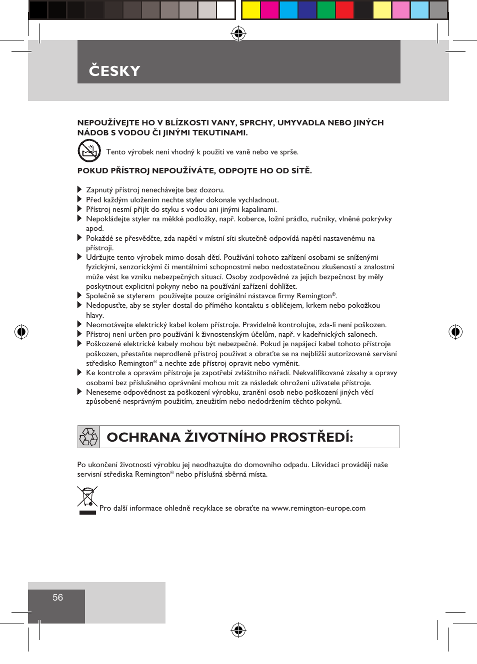 Česky, Ochrana životního prostředí | Remington CI9522 User Manual | Page 58 / 108