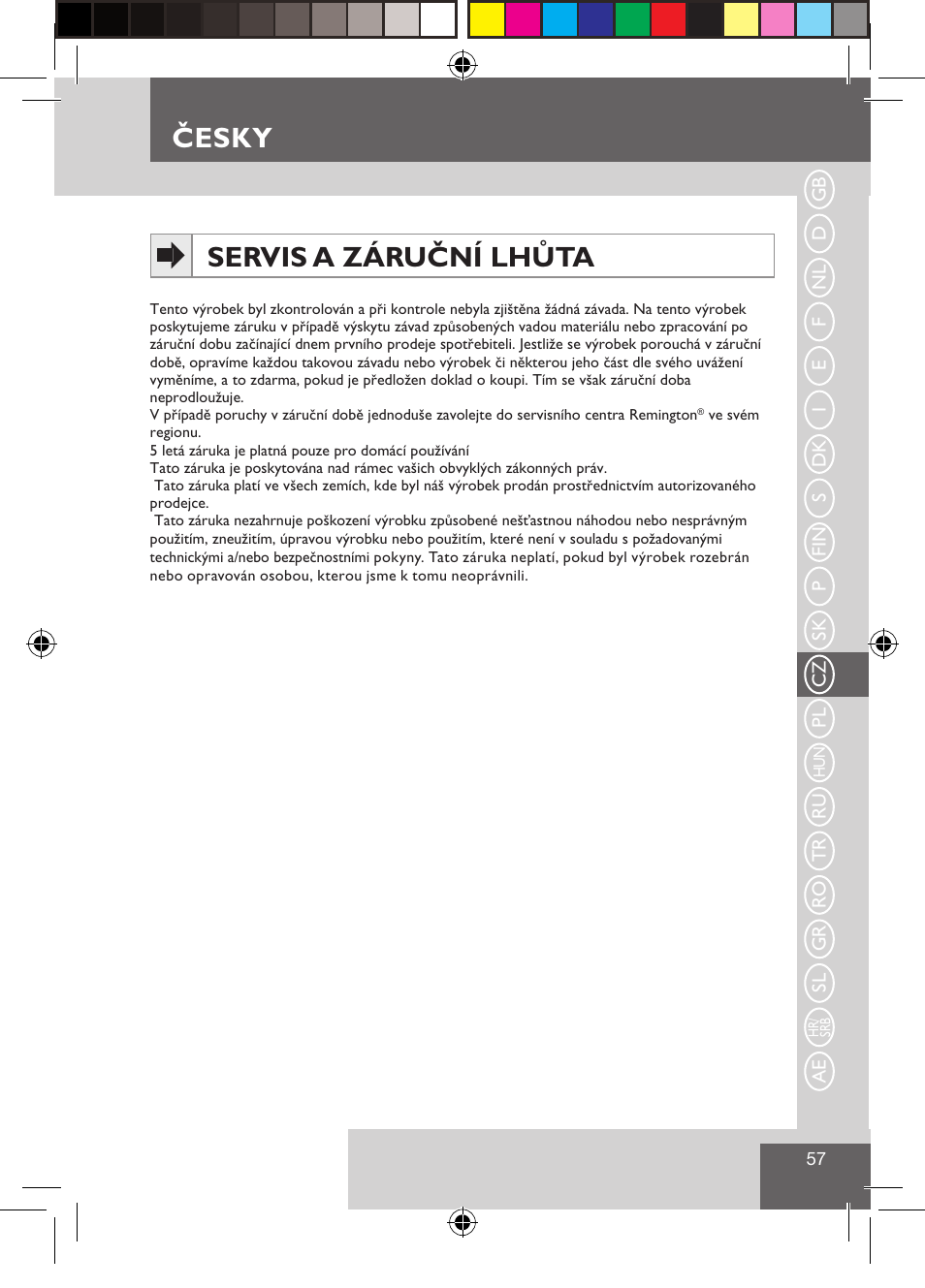 Česky servis a záruční lhůta | Remington CI9522 User Manual | Page 59 / 108