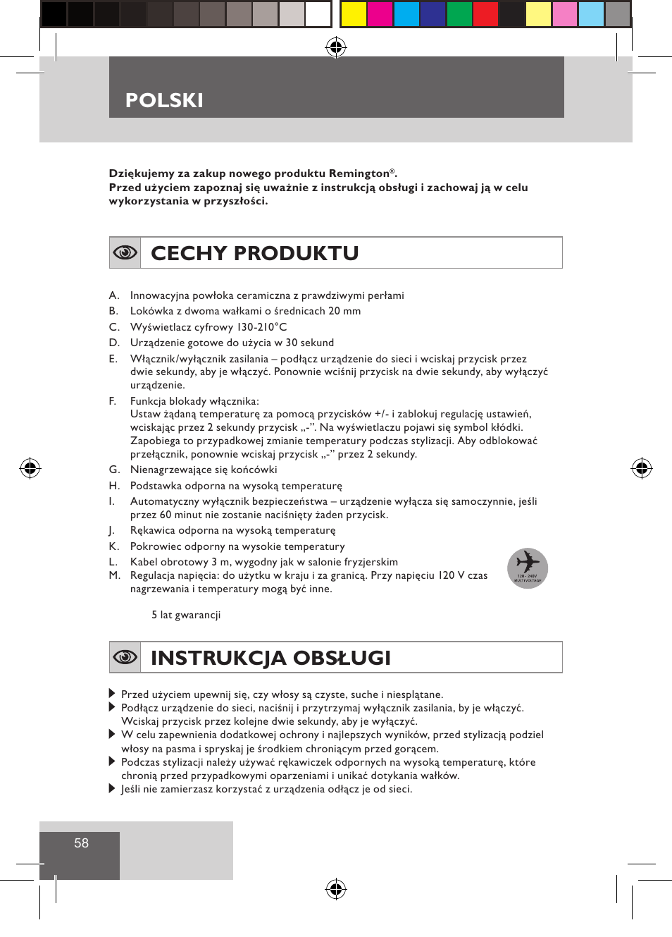 Polski, Cechy produktu, Instrukcja obsługi | Remington CI9522 User Manual | Page 60 / 108