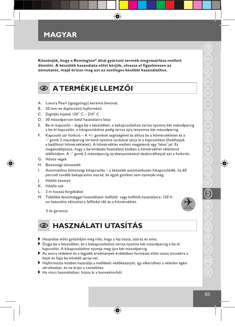 Magyar, A termék je llemzői, Használati utasítás | Remington CI9522 User Manual | Page 65 / 108