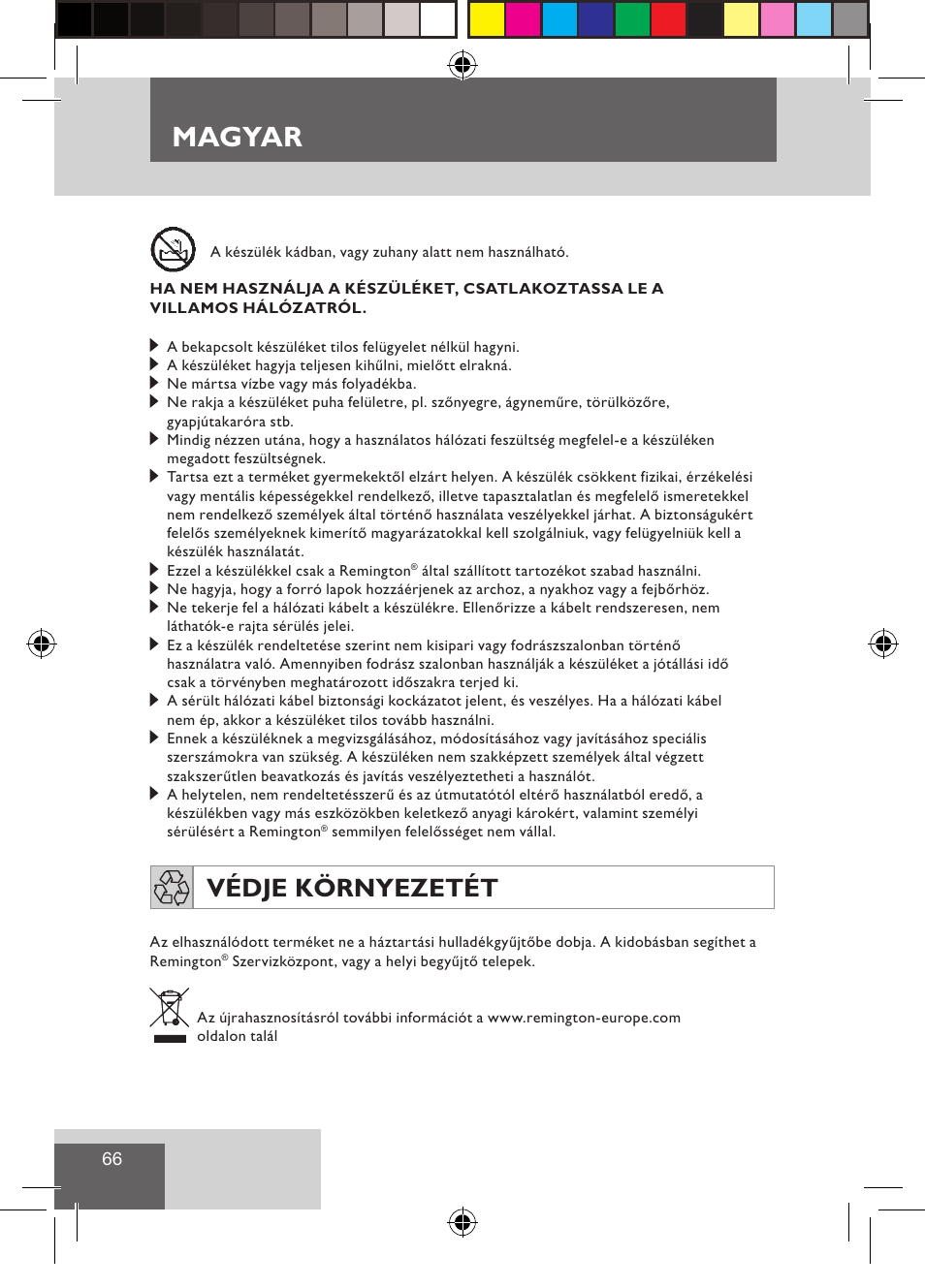 Magyar, Védje környezetét | Remington CI9522 User Manual | Page 68 / 108