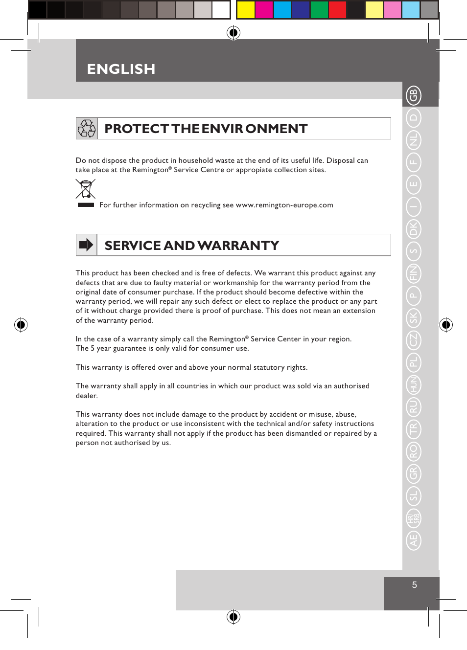 English, Protect the envir onment, Service and warranty | Remington CI9522 User Manual | Page 7 / 108