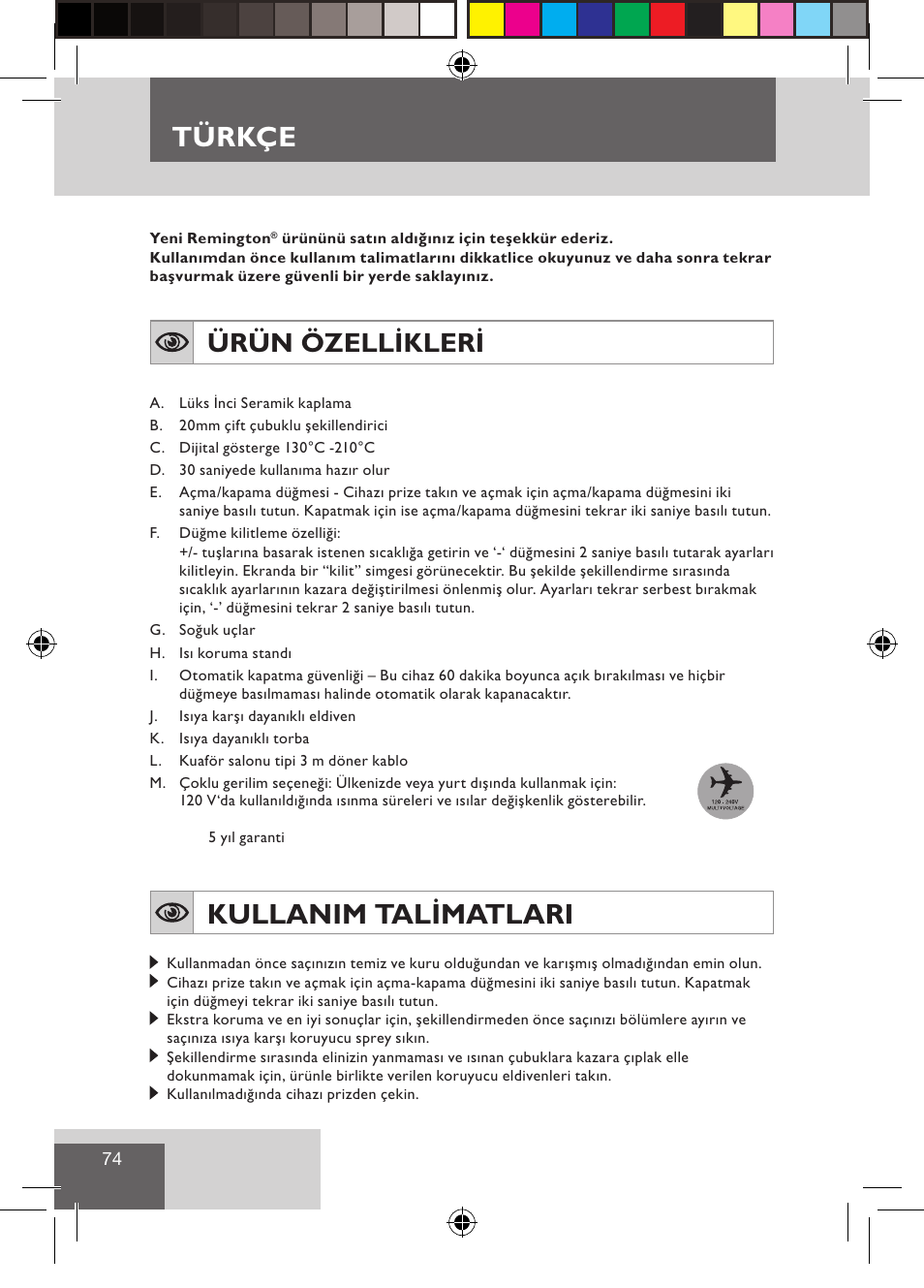 Türkçe, Kullanim talimatlari, Ürün özellikleri | Remington CI9522 User Manual | Page 76 / 108