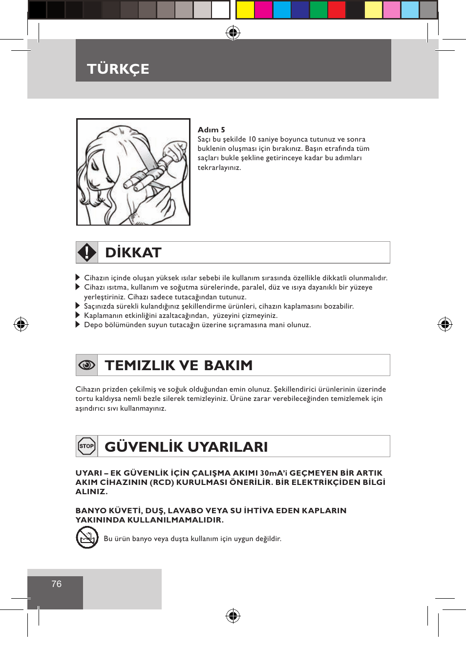 Türkçe, Dikkat, Temizlik ve bakim | Güvenlik uyarilari | Remington CI9522 User Manual | Page 78 / 108