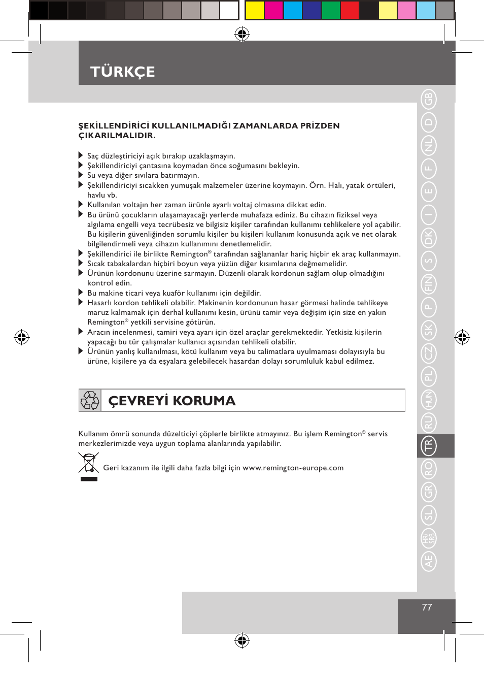Türkçe, Çevreyi koruma | Remington CI9522 User Manual | Page 79 / 108