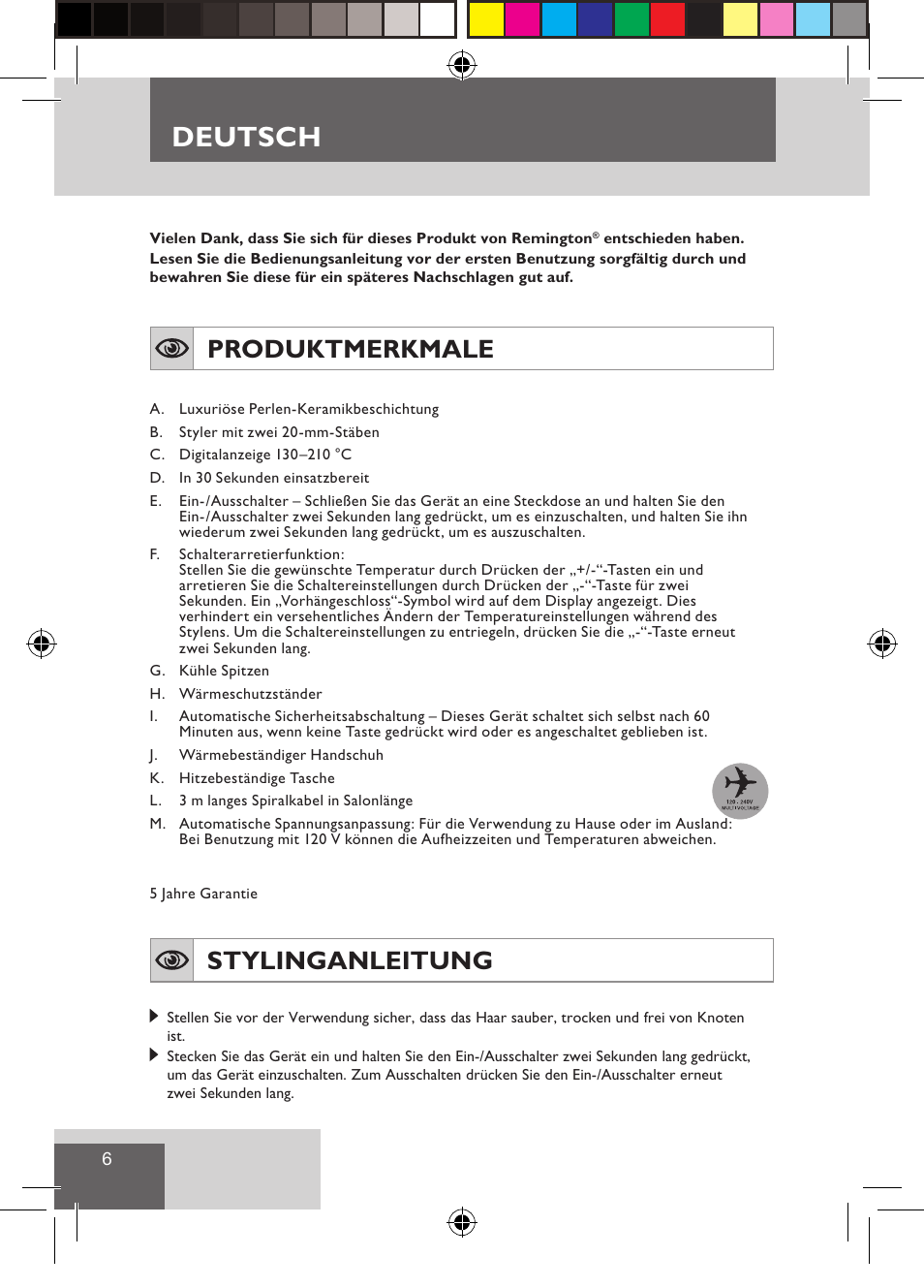 Deutsch, Produktmerkmale, Stylinganleitung | Remington CI9522 User Manual | Page 8 / 108