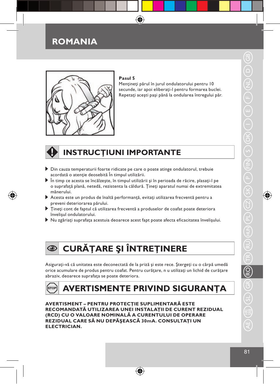 Romania, Curăţare şi întreţinere, Avertismente privind siguranţa | Instrucţiuni importante | Remington CI9522 User Manual | Page 83 / 108