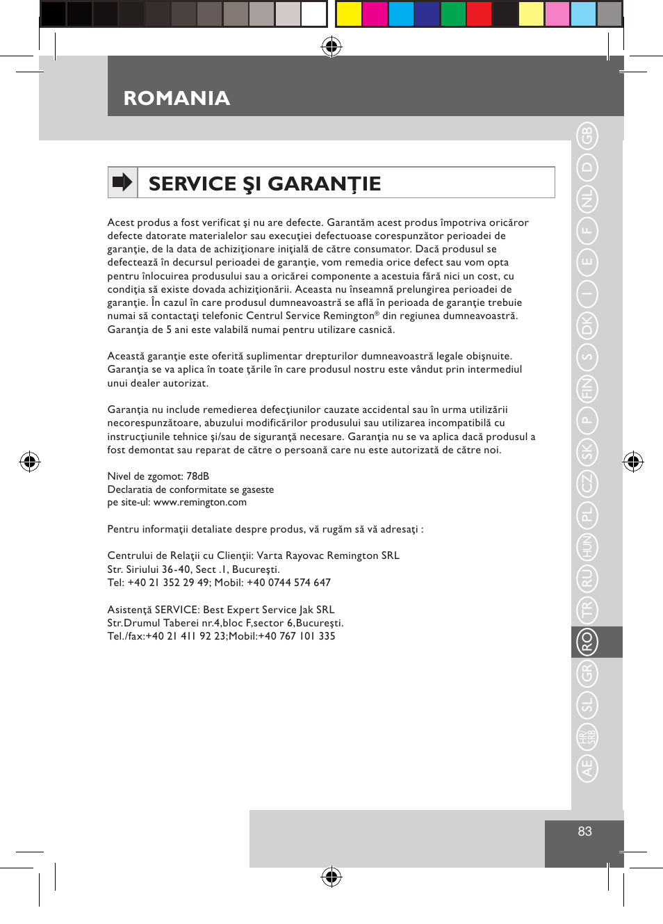 Romania, Service şi garanţie | Remington CI9522 User Manual | Page 85 / 108