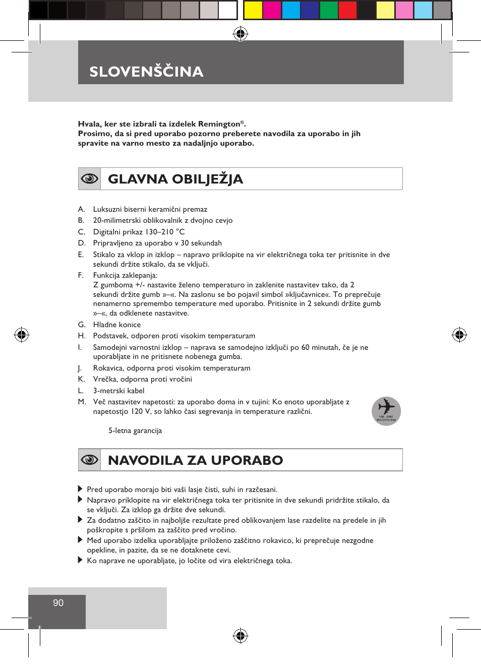 Slovenščina, Glavna obilježja, Navodila za uporabo | Remington CI9522 User Manual | Page 92 / 108