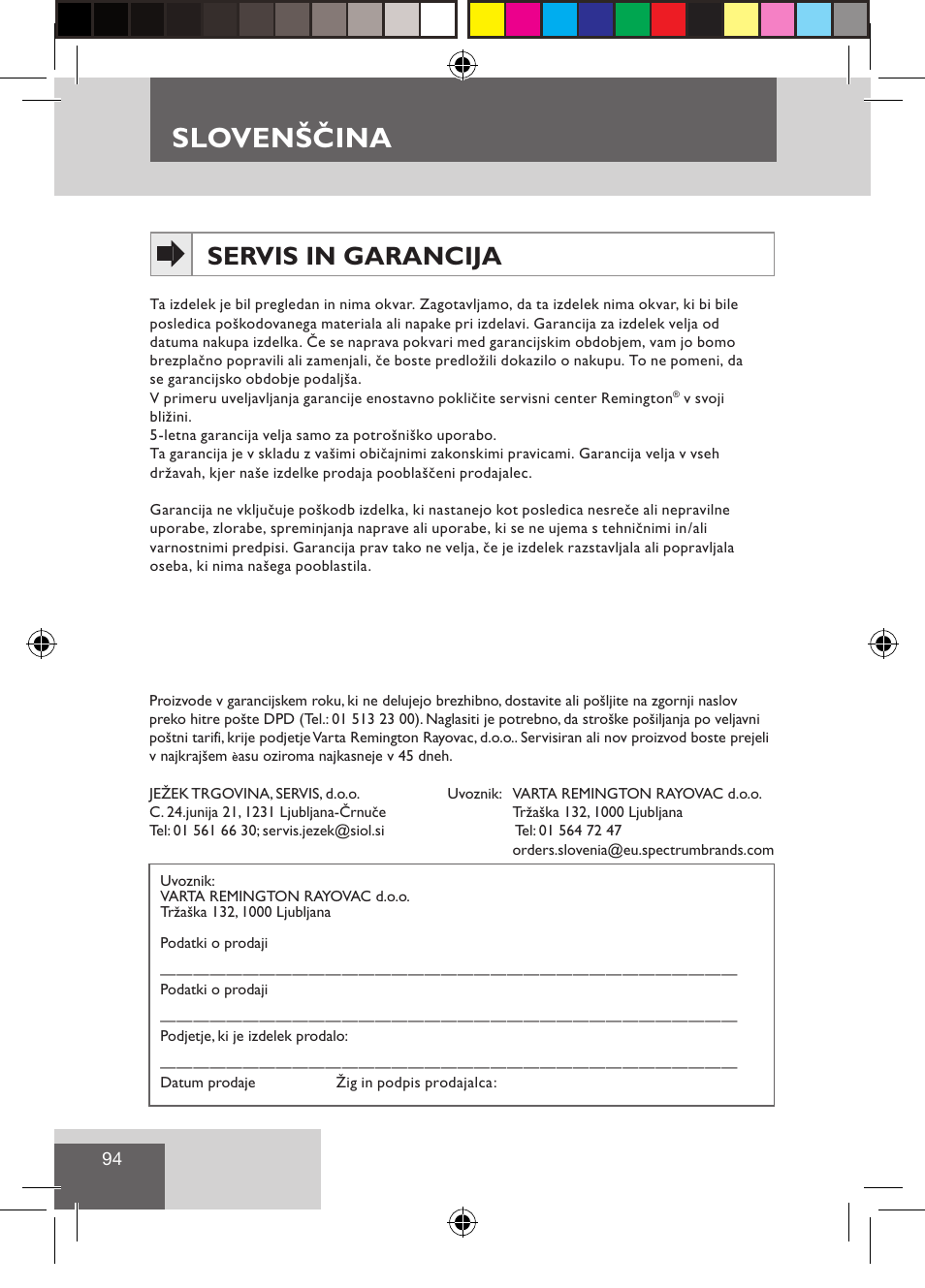 Slovenščina, Servis in garancija | Remington CI9522 User Manual | Page 96 / 108