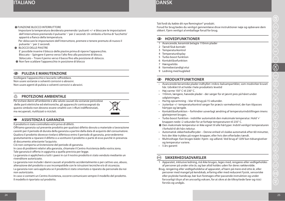 Dansk italiano | Remington S8500 User Manual | Page 13 / 45