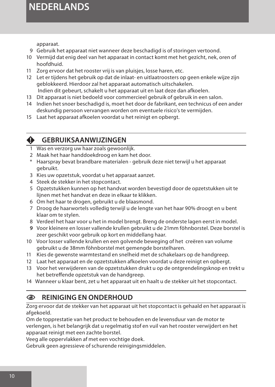 Nederlands, Fgebruiksaanwijzingen, Creiniging en onderhoud | Remington AS701 User Manual | Page 10 / 72