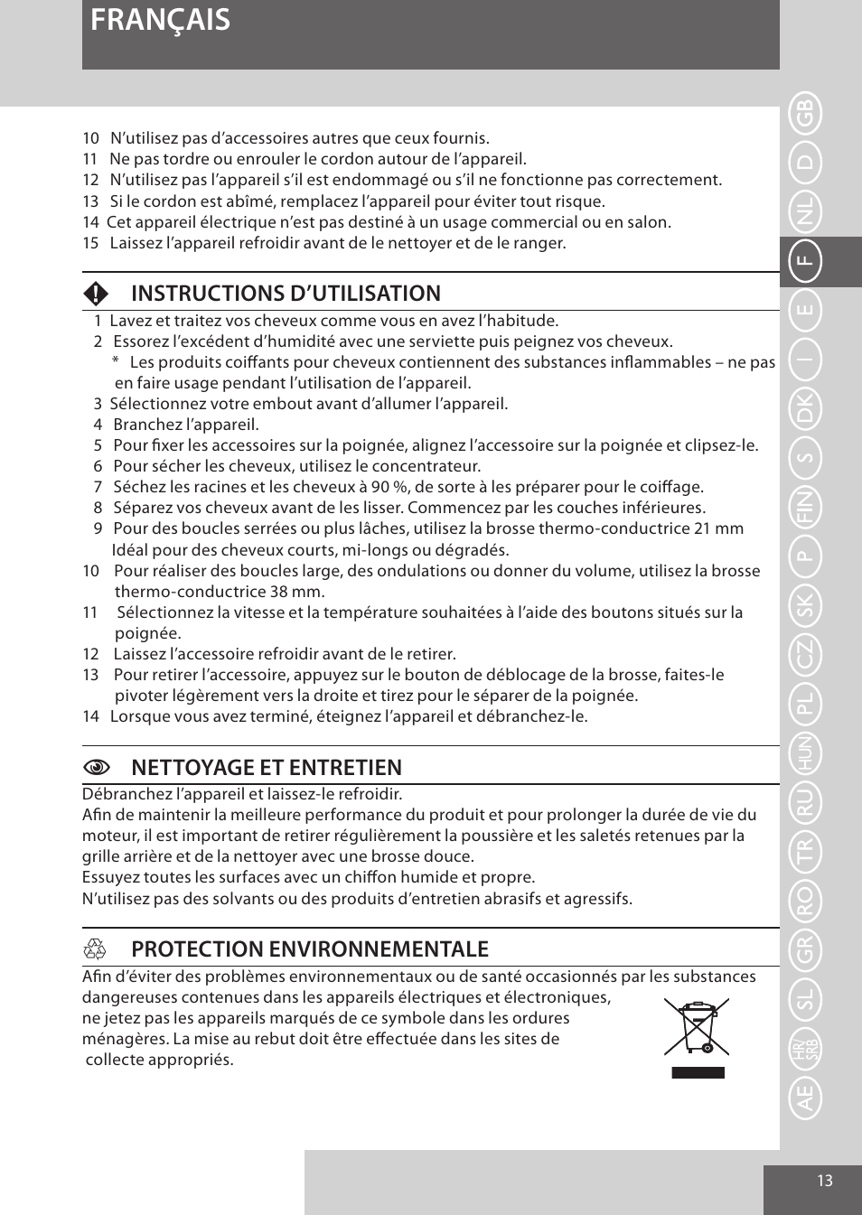 Français, Finstructions d’utilisation, Cnettoyage et entretien | Hprotection environnementale | Remington AS701 User Manual | Page 13 / 72
