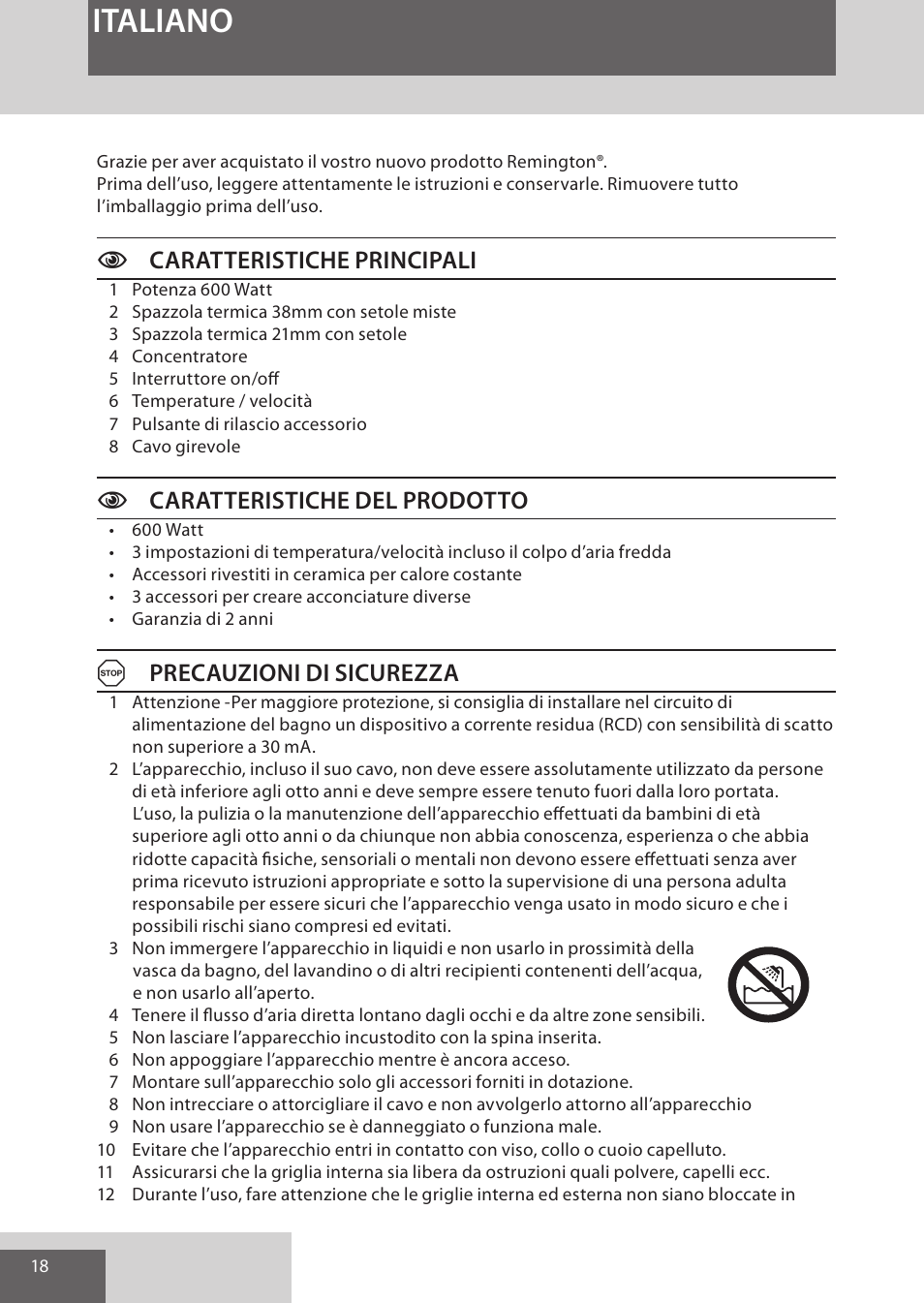 Italiano, Ccaratteristiche principali, Ccaratteristiche del prodotto | Aprecauzioni di sicurezza | Remington AS701 User Manual | Page 18 / 72
