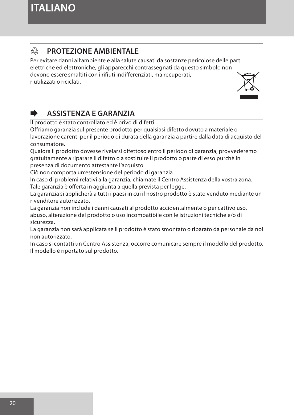 Italiano, Hprotezione ambientale, Eassistenza e garanzia | Remington AS701 User Manual | Page 20 / 72