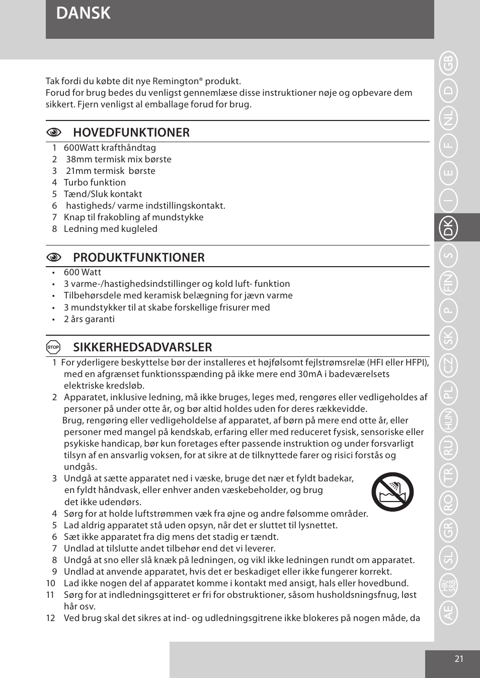 Dansk, Chovedfunktioner, Cproduktfunktioner | Asikkerhedsadvarsler | Remington AS701 User Manual | Page 21 / 72
