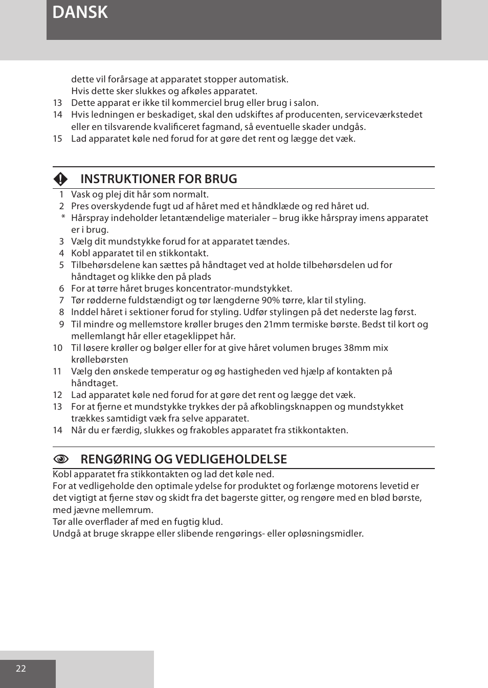 Dansk, Finstruktioner for brug, Crengøring og vedligeholdelse | Remington AS701 User Manual | Page 22 / 72