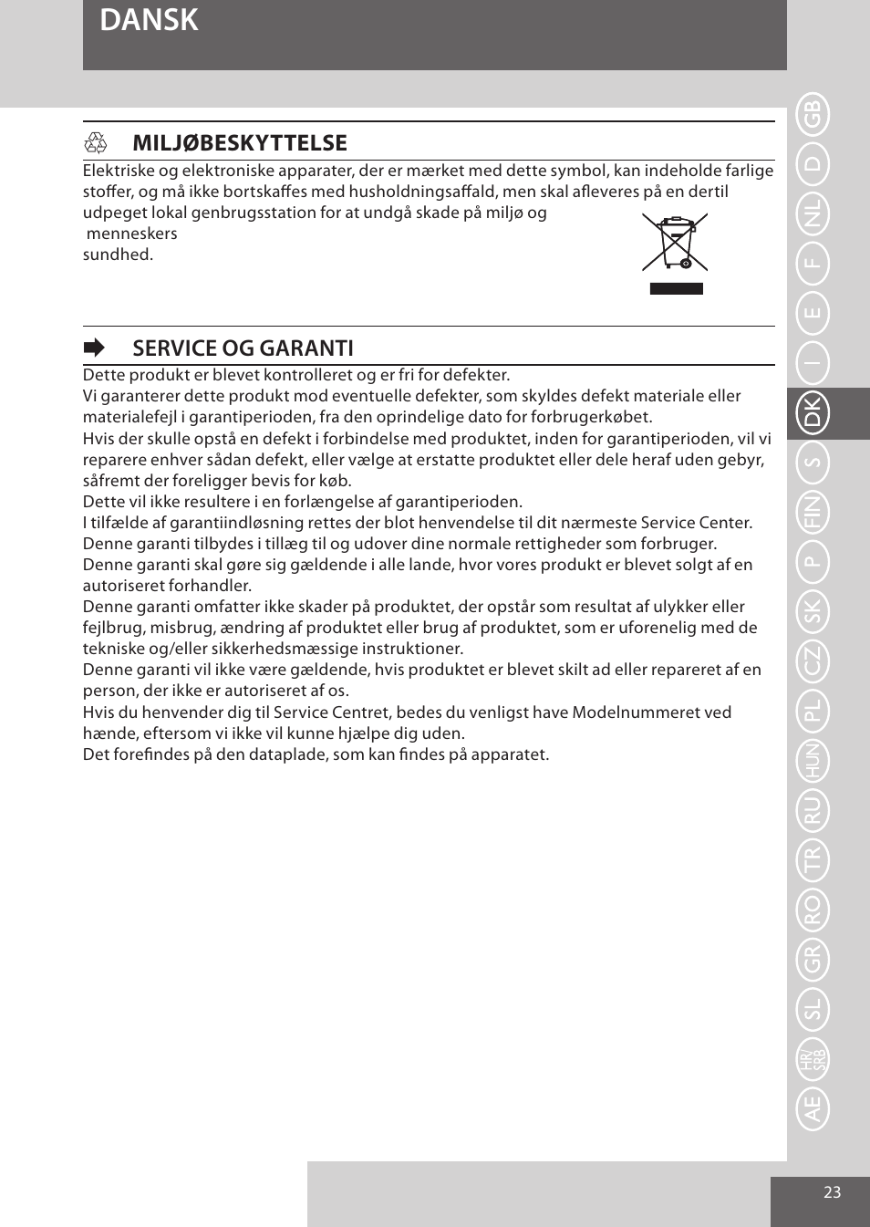 Dansk, Hmiljøbeskyttelse, Eservice og garanti | Remington AS701 User Manual | Page 23 / 72