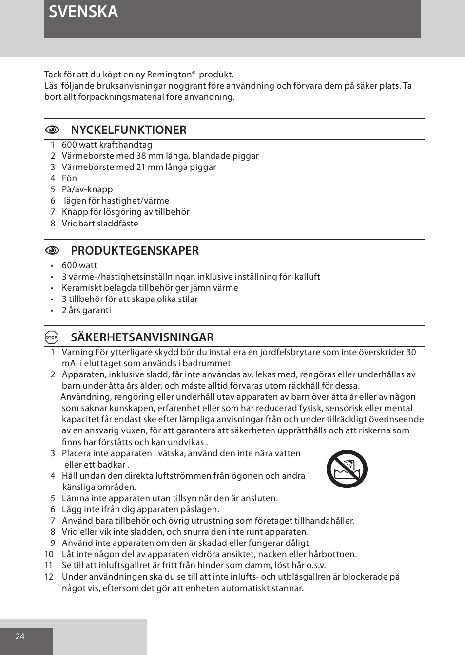 Svenska, Cnyckelfunktioner, Cproduktegenskaper | Asäkerhetsanvisningar | Remington AS701 User Manual | Page 24 / 72