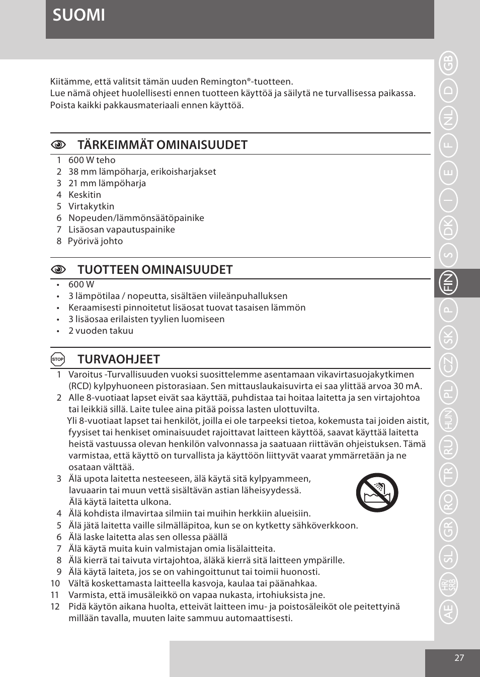 Suomi, Ctärkeimmät ominaisuudet, Ctuotteen ominaisuudet | Aturvaohjeet | Remington AS701 User Manual | Page 27 / 72