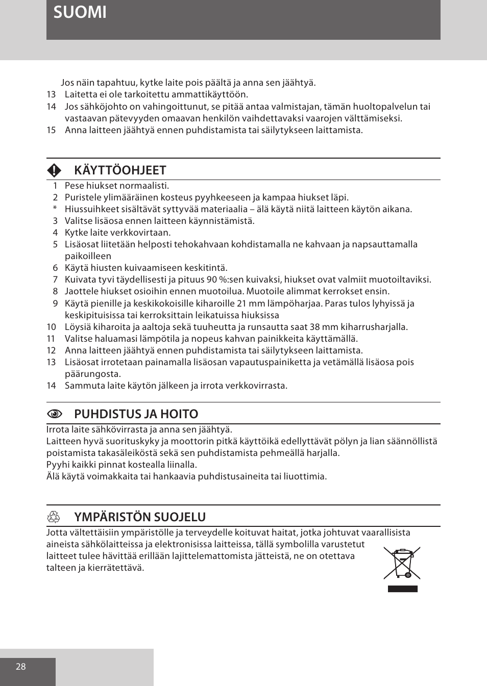 Suomi, Fkäyttöohjeet, Cpuhdistus ja hoito | Hympäristön suojelu | Remington AS701 User Manual | Page 28 / 72