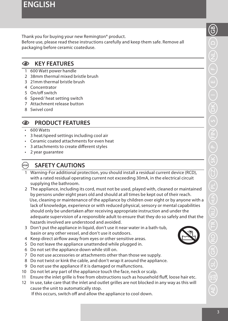 English, Ckey features, Cproduct features | Asafety cautions | Remington AS701 User Manual | Page 3 / 72