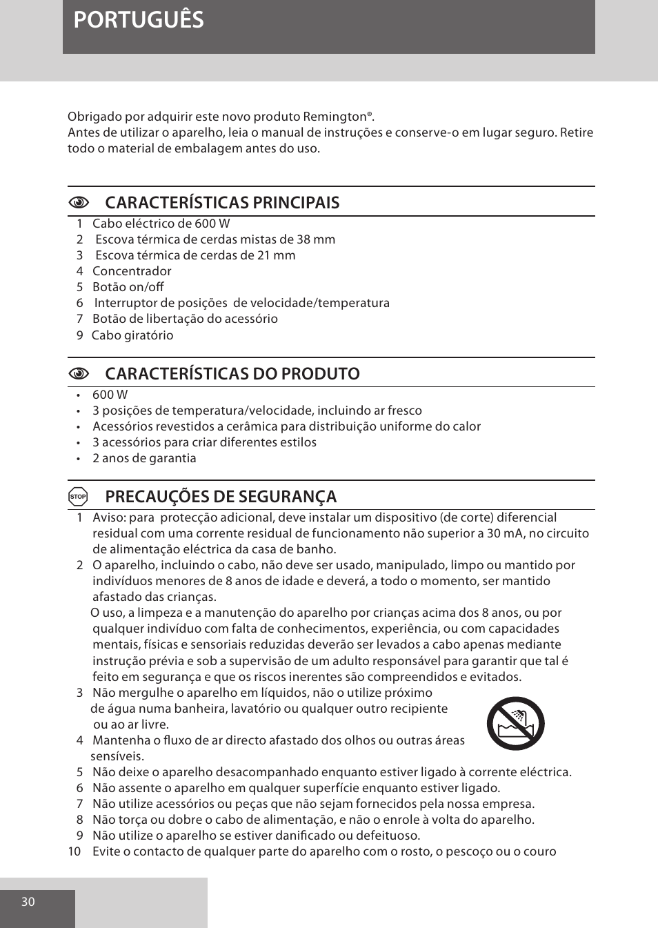 Português, Ccaracterísticas principais, Ccaracterísticas do produto | Aprecauções de segurança | Remington AS701 User Manual | Page 30 / 72