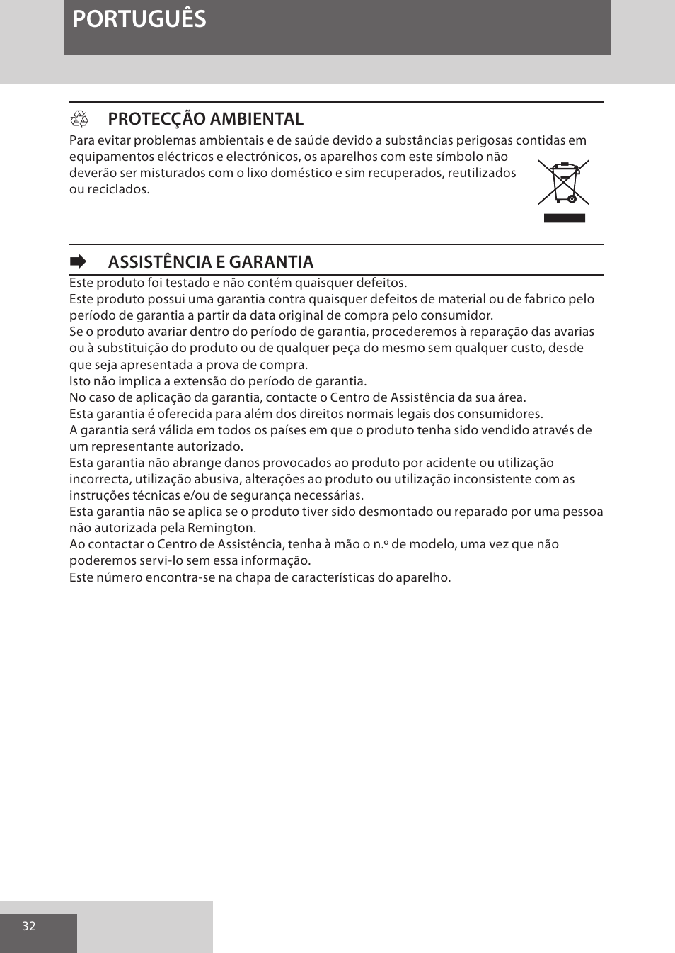 Português, Hprotecção ambiental, Eassistência e garantia | Remington AS701 User Manual | Page 32 / 72