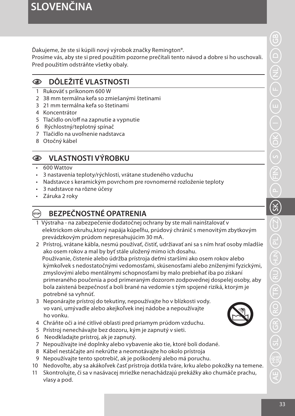 Slovenčina, Cdôležité vlastnosti, Cvlastnosti výrobku | Abezpečnostné opatrenia | Remington AS701 User Manual | Page 33 / 72