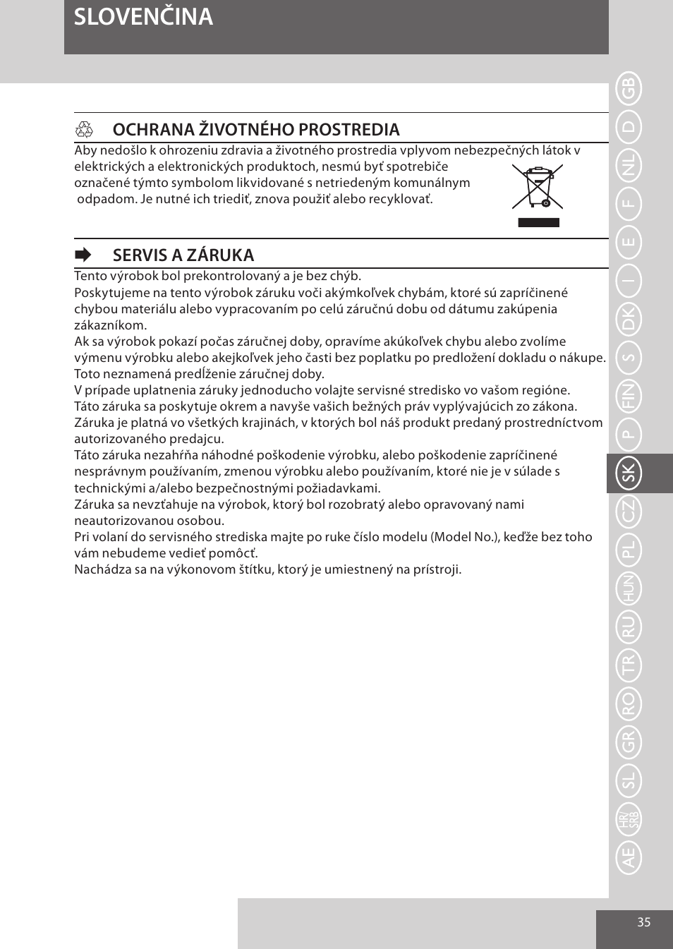 Slovenčina, Hochrana životného prostredia, Eservis a záruka | Remington AS701 User Manual | Page 35 / 72