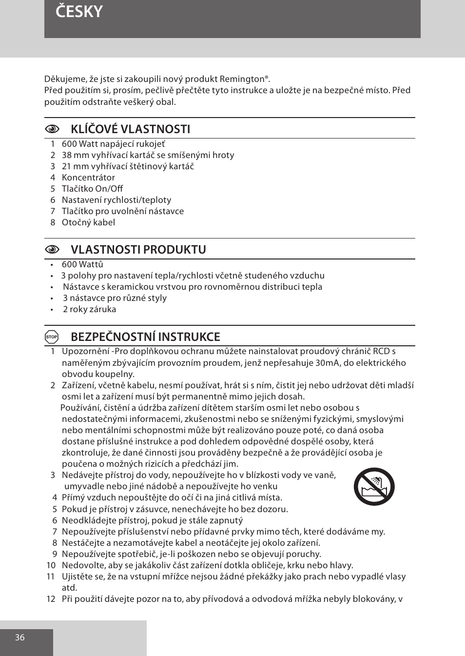 Česky, Cklíčové vlastnosti, Cvlastnosti produktu | Abezpečnostní instrukce | Remington AS701 User Manual | Page 36 / 72