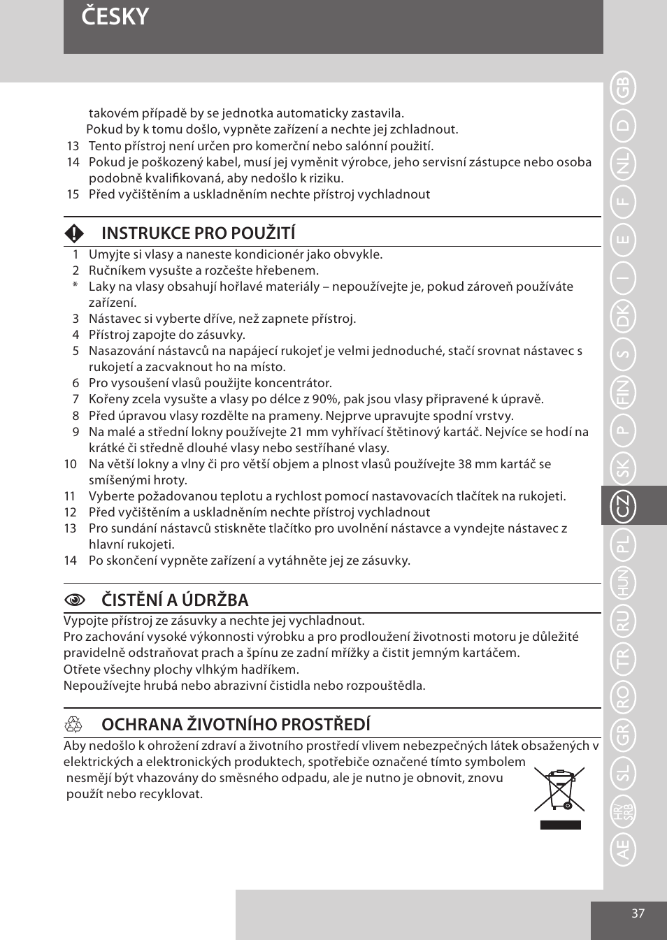 Česky, Finstrukce pro použití, Cčistění a údržba | Hochrana životního prostředí | Remington AS701 User Manual | Page 37 / 72