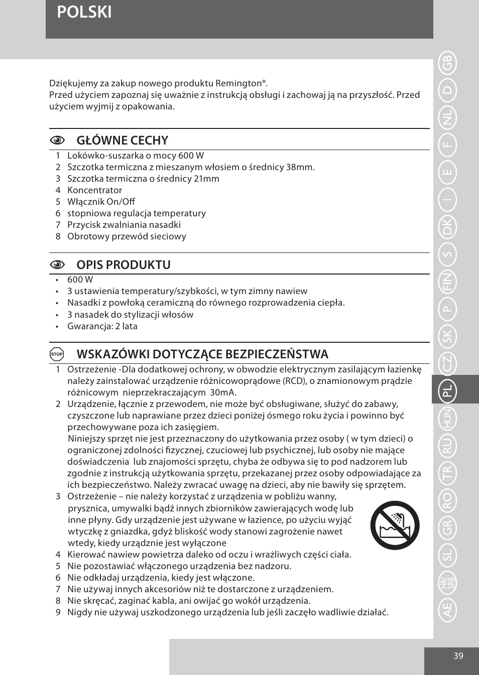 Polski, Cgłówne cechy, Copis produktu | Awskazówki dotyczące bezpieczeństwa | Remington AS701 User Manual | Page 39 / 72
