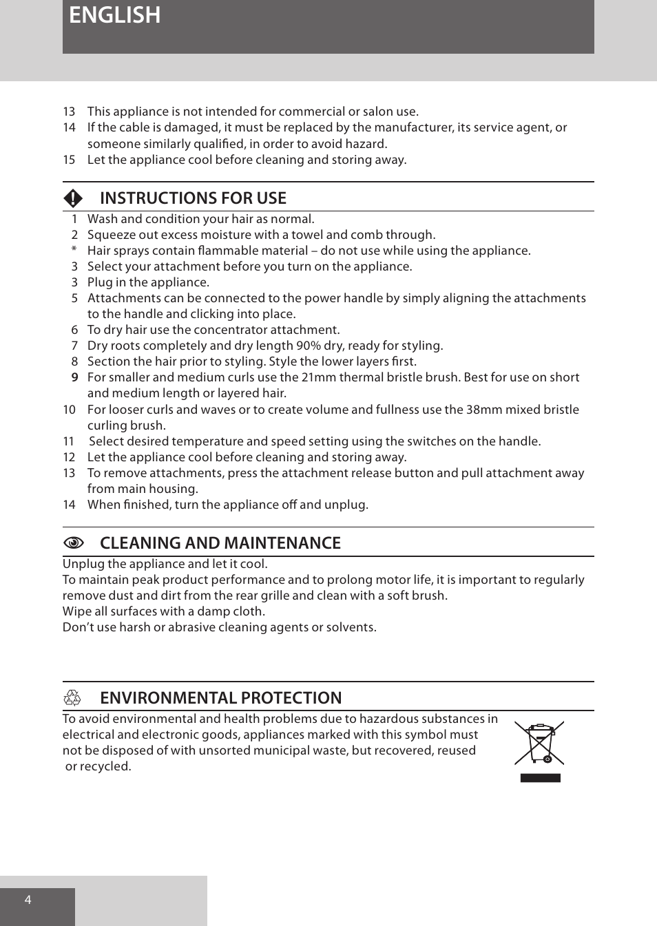 English, Finstructions for use, Ccleaning and maintenance | Henvironmental protection | Remington AS701 User Manual | Page 4 / 72