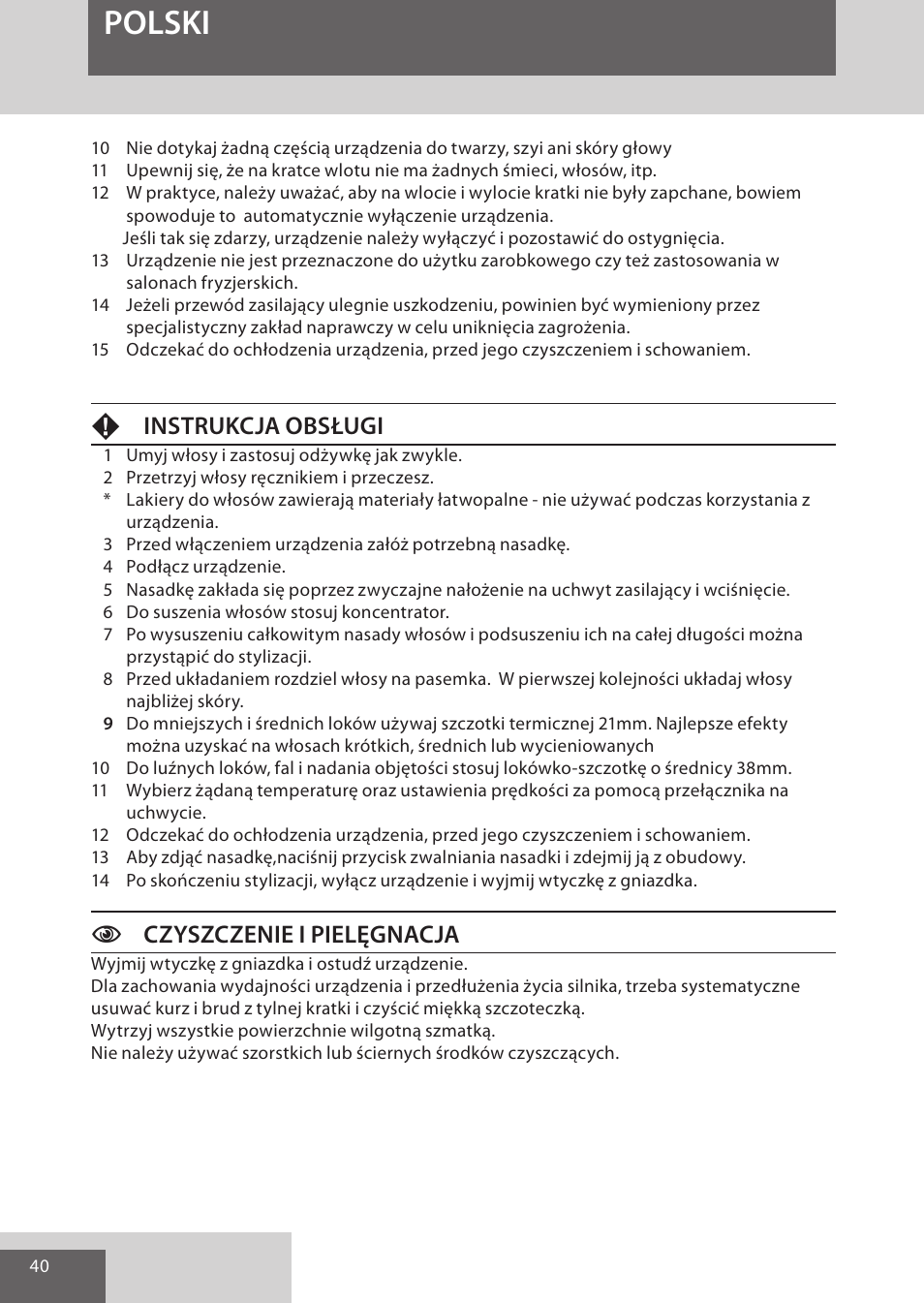 Polski, Finstrukcja obsługi, Cczyszczenie i pielęgnacja | Remington AS701 User Manual | Page 40 / 72