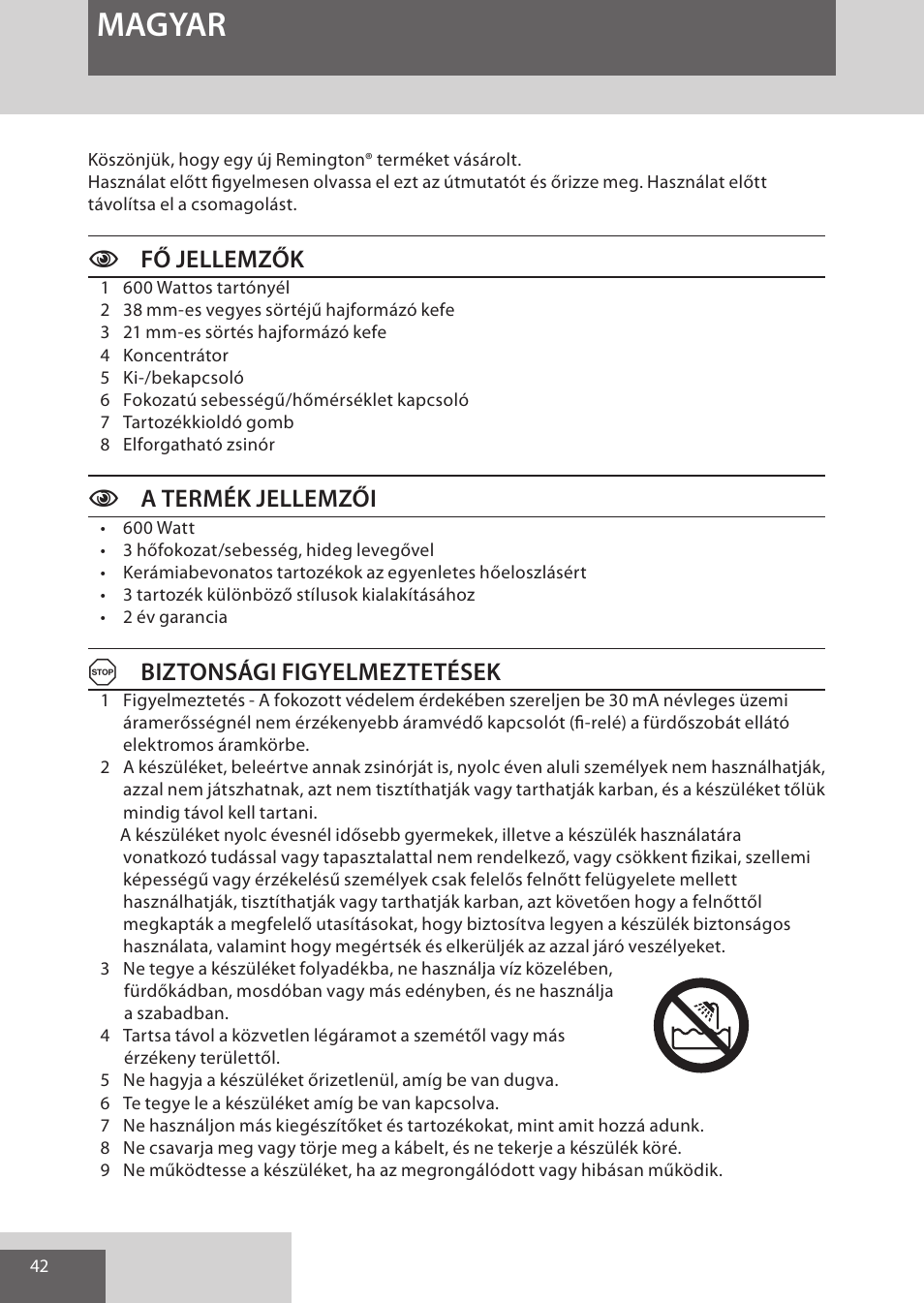 Magyar, Cfő jellemzők, Ca termék jellemzői | Abiztonsági figyelmeztetések | Remington AS701 User Manual | Page 42 / 72