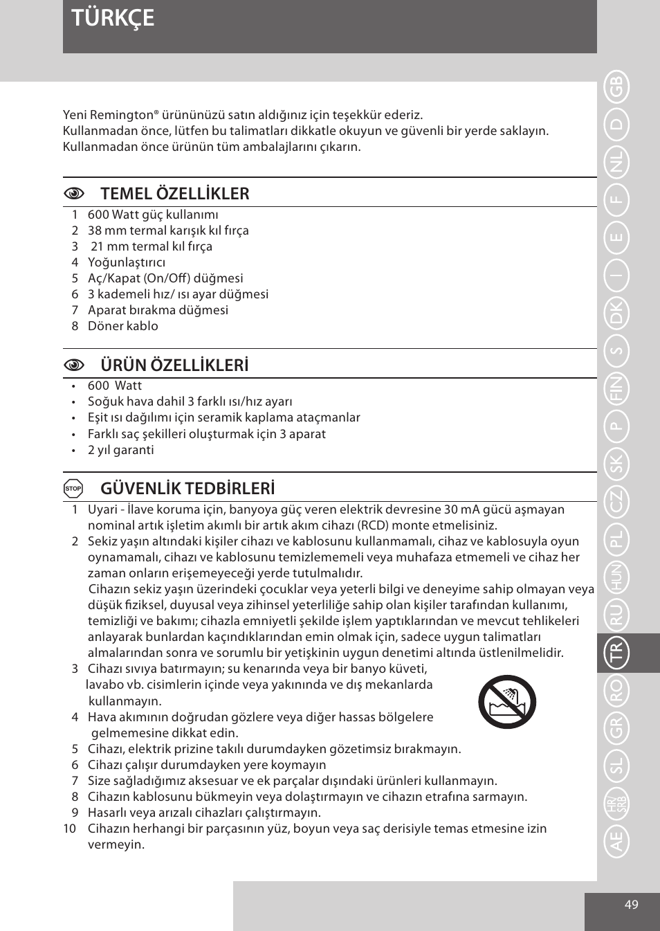Türkçe, Ctemel özellikler, Cürün özellikleri | Agüvenlik tedbirleri | Remington AS701 User Manual | Page 49 / 72