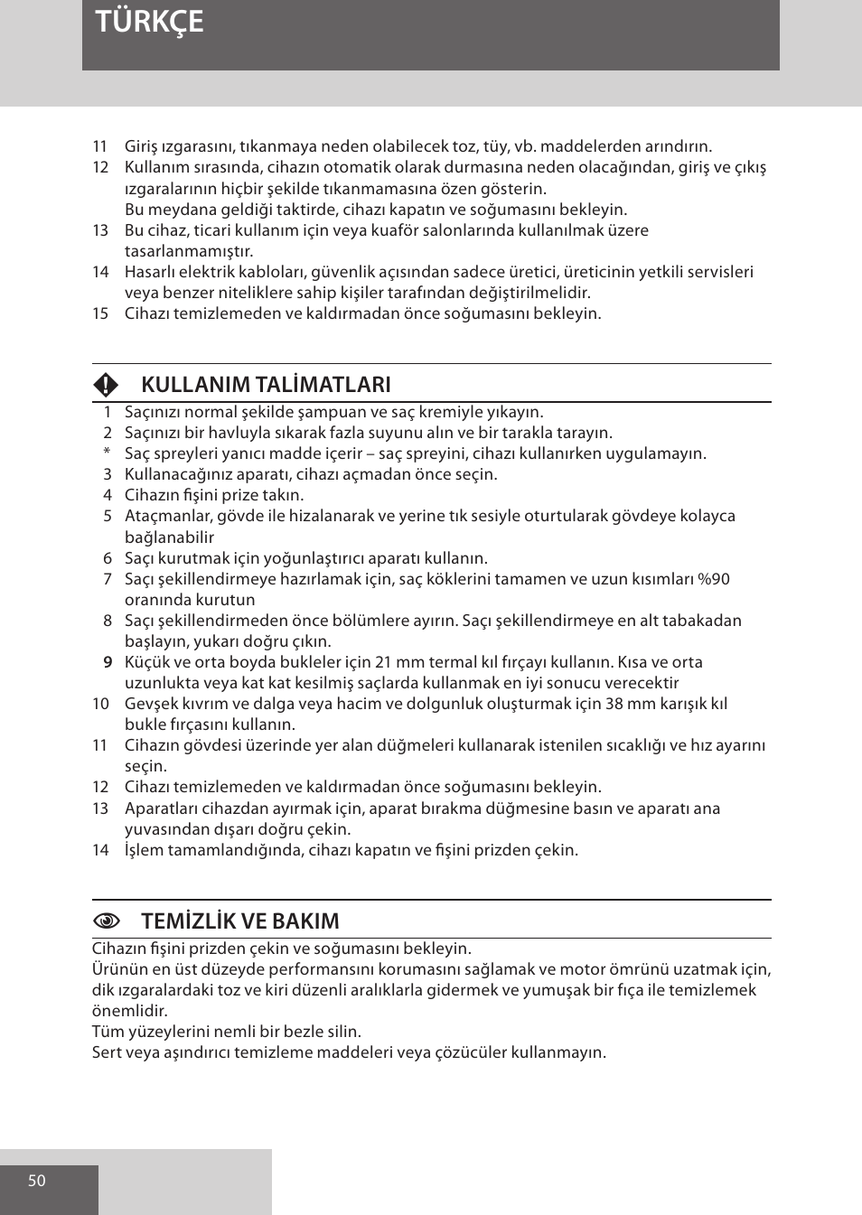 Türkçe, Fkullanim talimatlari, Ctemizlik ve bakim | Remington AS701 User Manual | Page 50 / 72