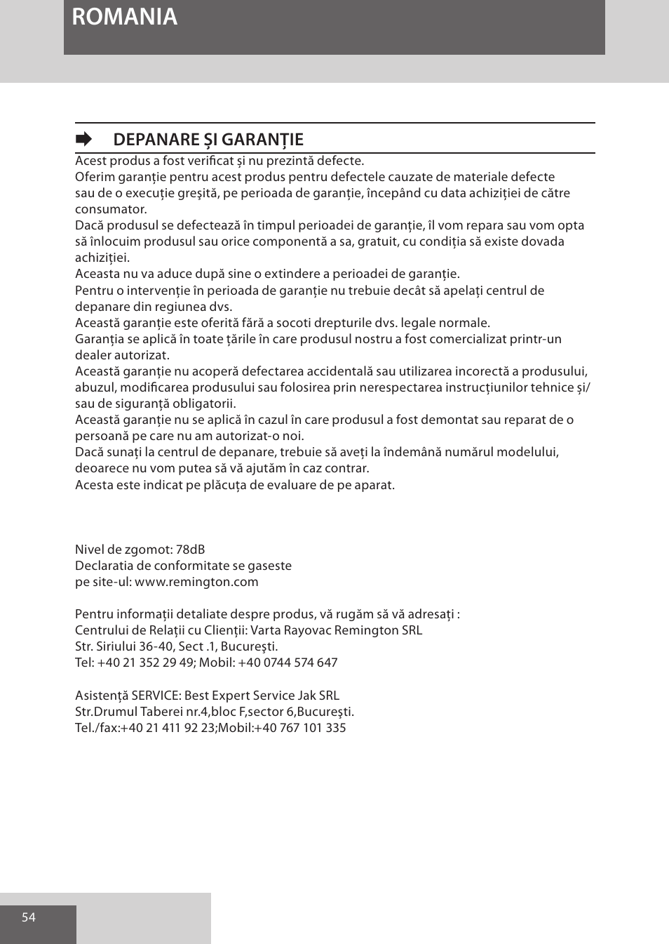 Romania, Edepanare și garanție | Remington AS701 User Manual | Page 54 / 72