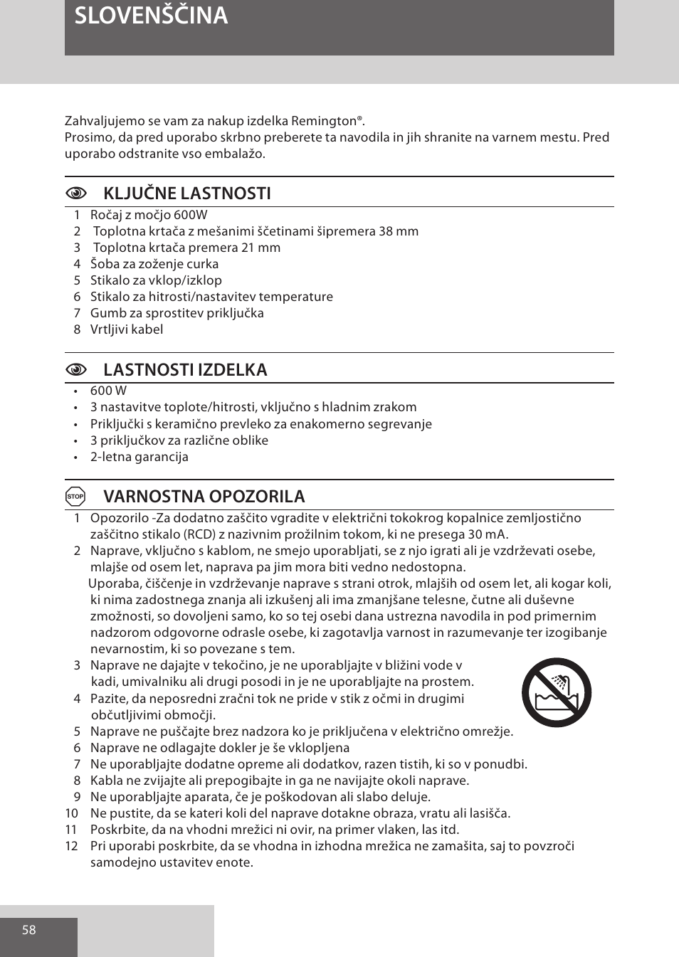 Slovenščina, Cključne lastnosti, Clastnosti izdelka | Avarnostna opozorila | Remington AS701 User Manual | Page 58 / 72