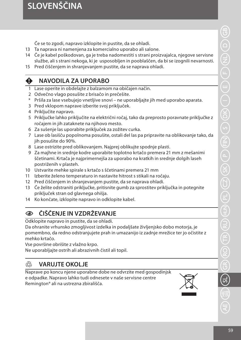 Slovenščina, Fnavodila za uporabo, Cčiščenje in vzdrževanje | Hvarujte okolje | Remington AS701 User Manual | Page 59 / 72