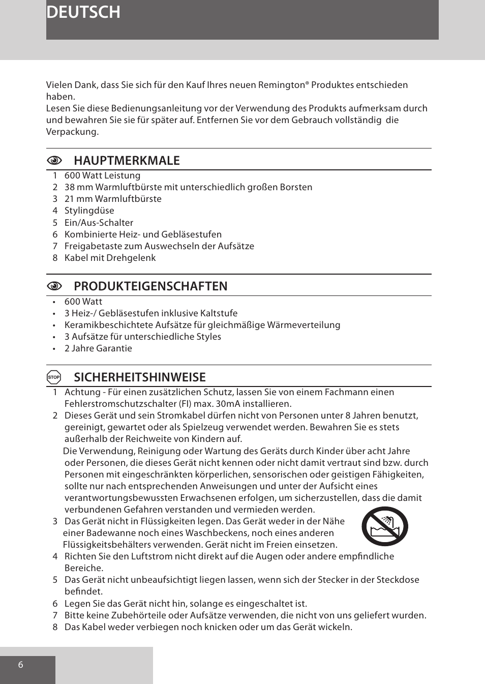 Deutsch, Chauptmerkmale, Cprodukteigenschaften | Asicherheitshinweise | Remington AS701 User Manual | Page 6 / 72