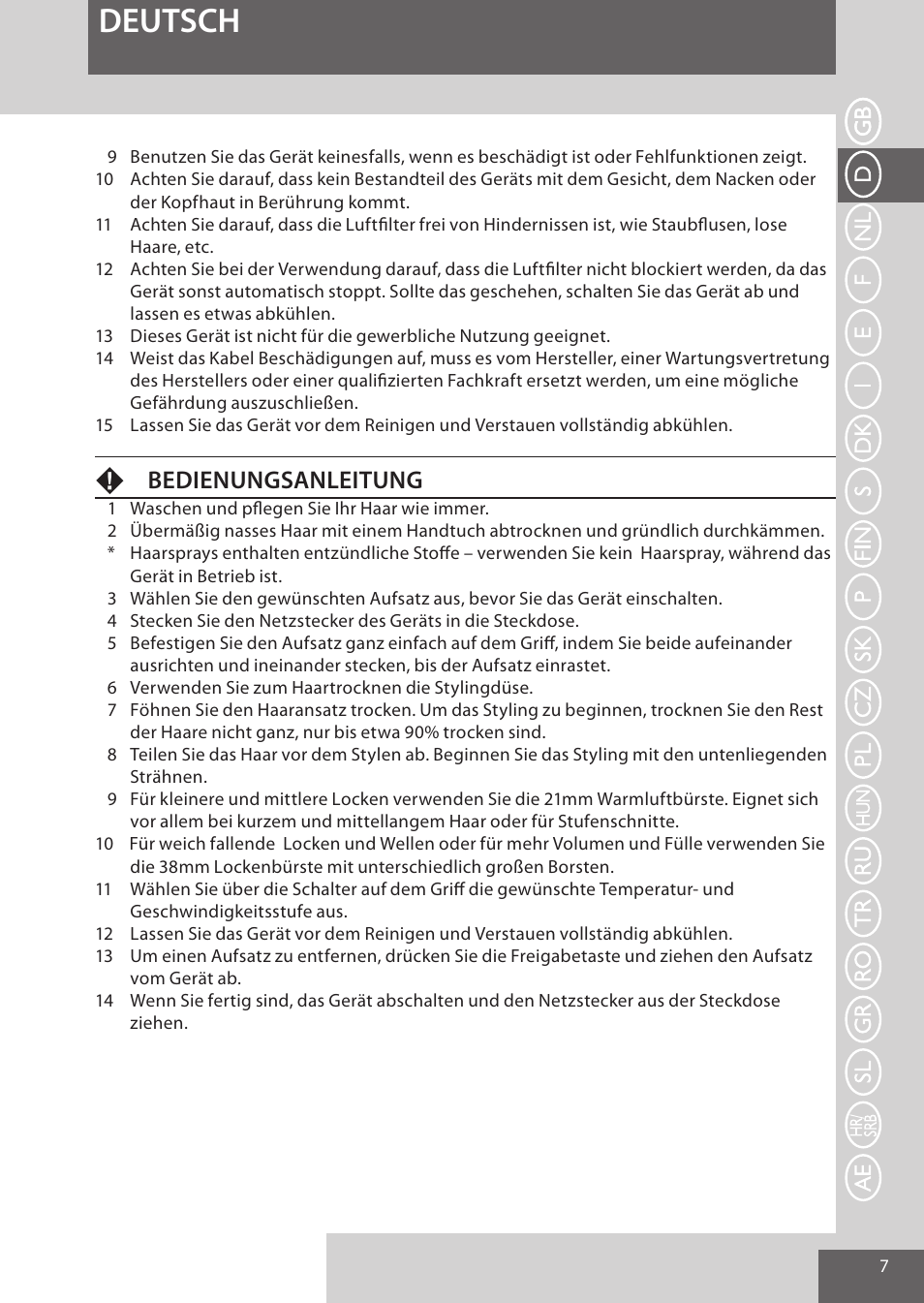 Deutsch, Fbedienungsanleitung | Remington AS701 User Manual | Page 7 / 72