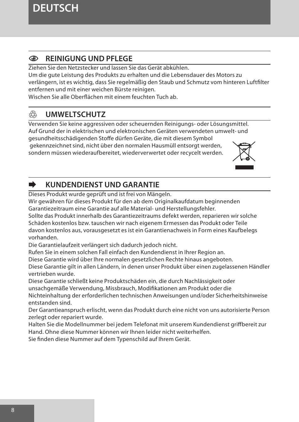 Deutsch, Creinigung und pflege, Humweltschutz | Ekundendienst und garantie | Remington AS701 User Manual | Page 8 / 72