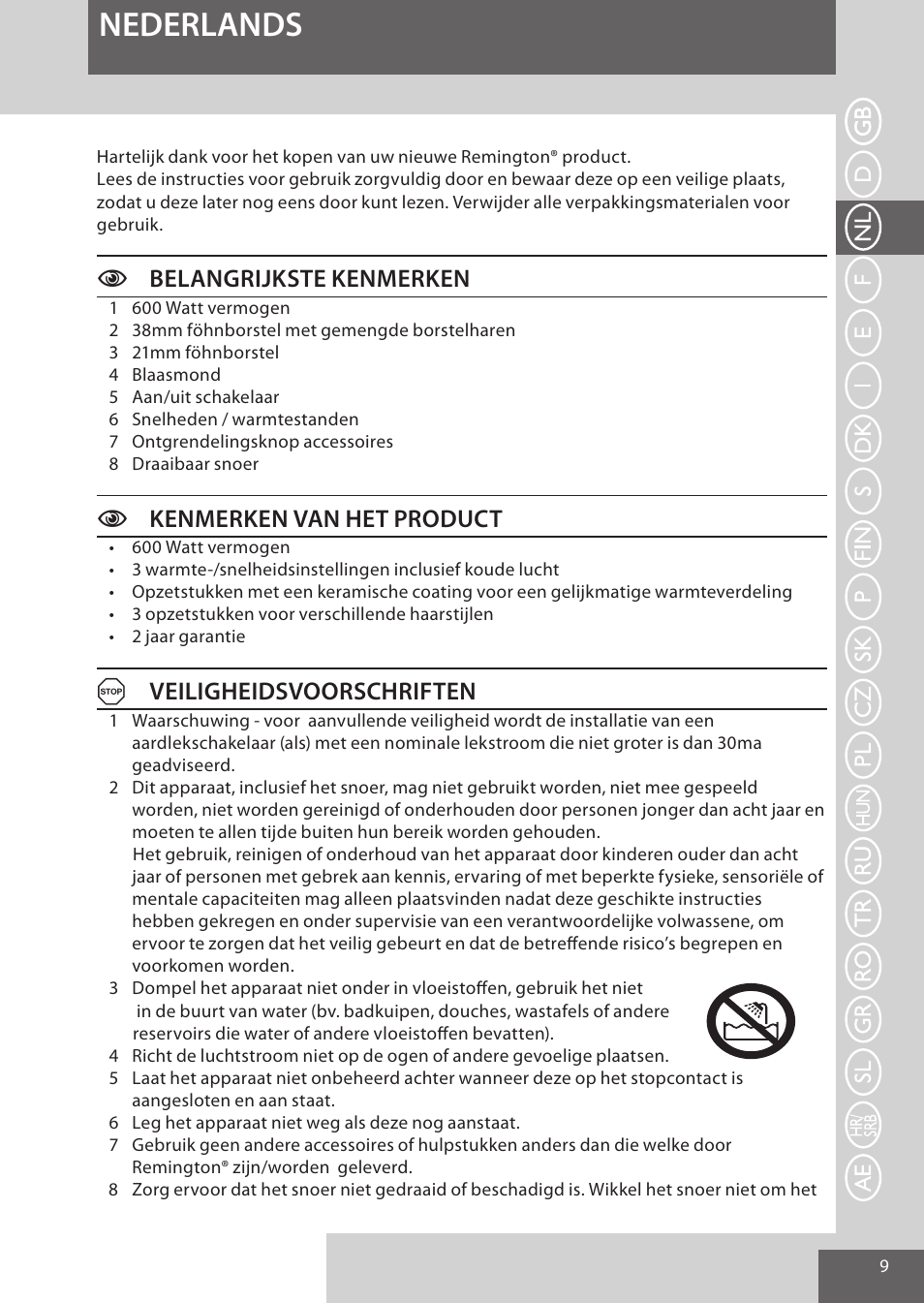 Nederlands, Cbelangrijkste kenmerken, Ckenmerken van het product | Aveiligheidsvoorschriften | Remington AS701 User Manual | Page 9 / 72