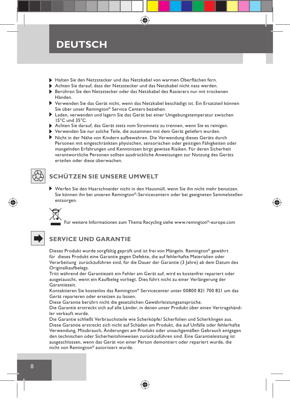 Deutsch, Schützen sie unsere umwelt, Service und garantie | Remington HC5015 User Manual | Page 10 / 90