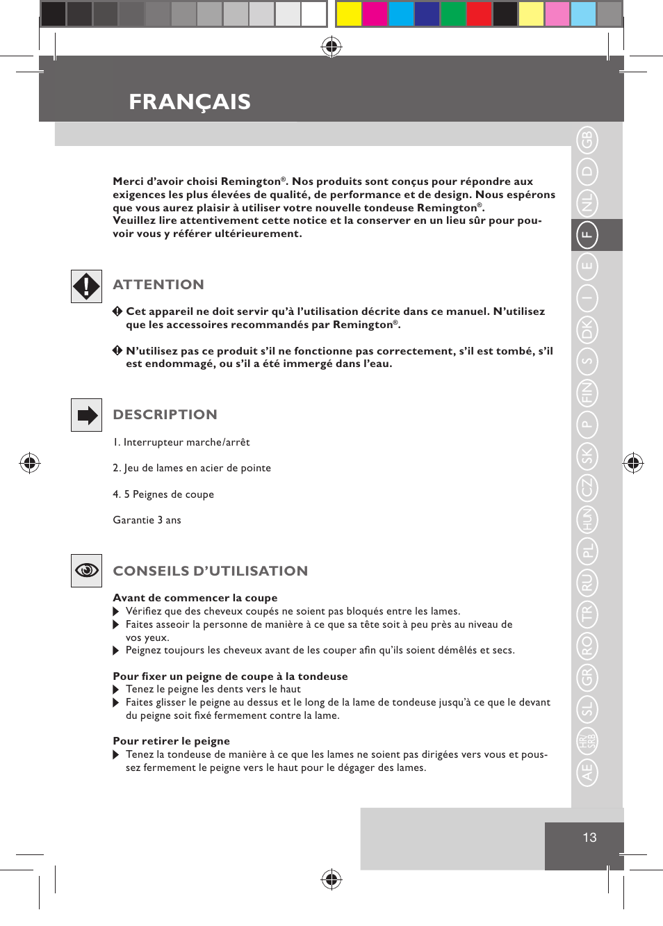 Français | Remington HC5015 User Manual | Page 15 / 90