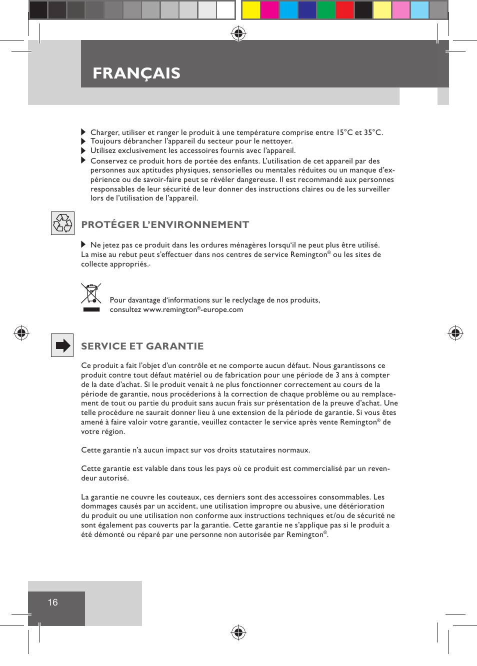 Français, Protéger l’environnement, Service et garantie | Remington HC5015 User Manual | Page 18 / 90
