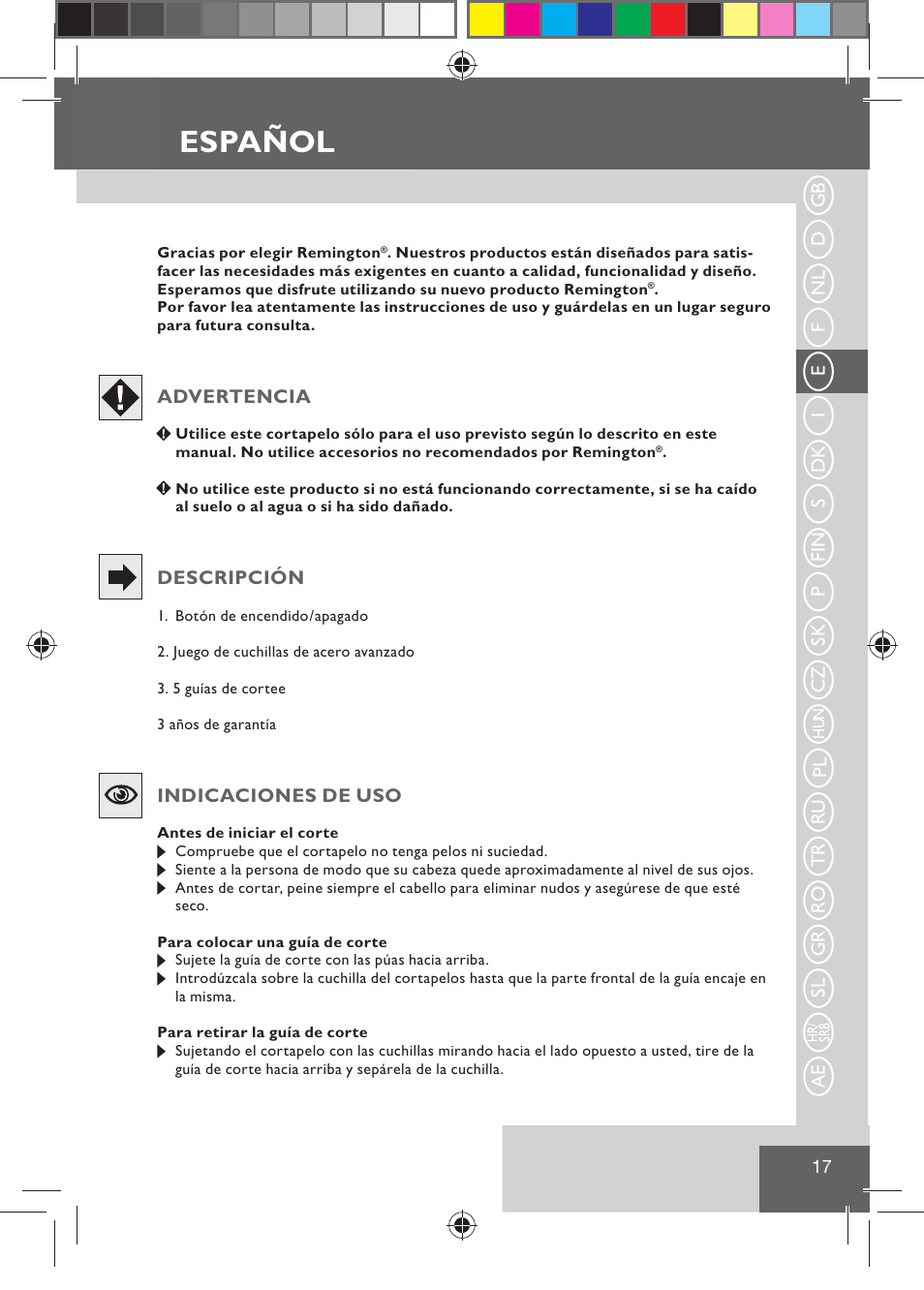 Español | Remington HC5015 User Manual | Page 19 / 90